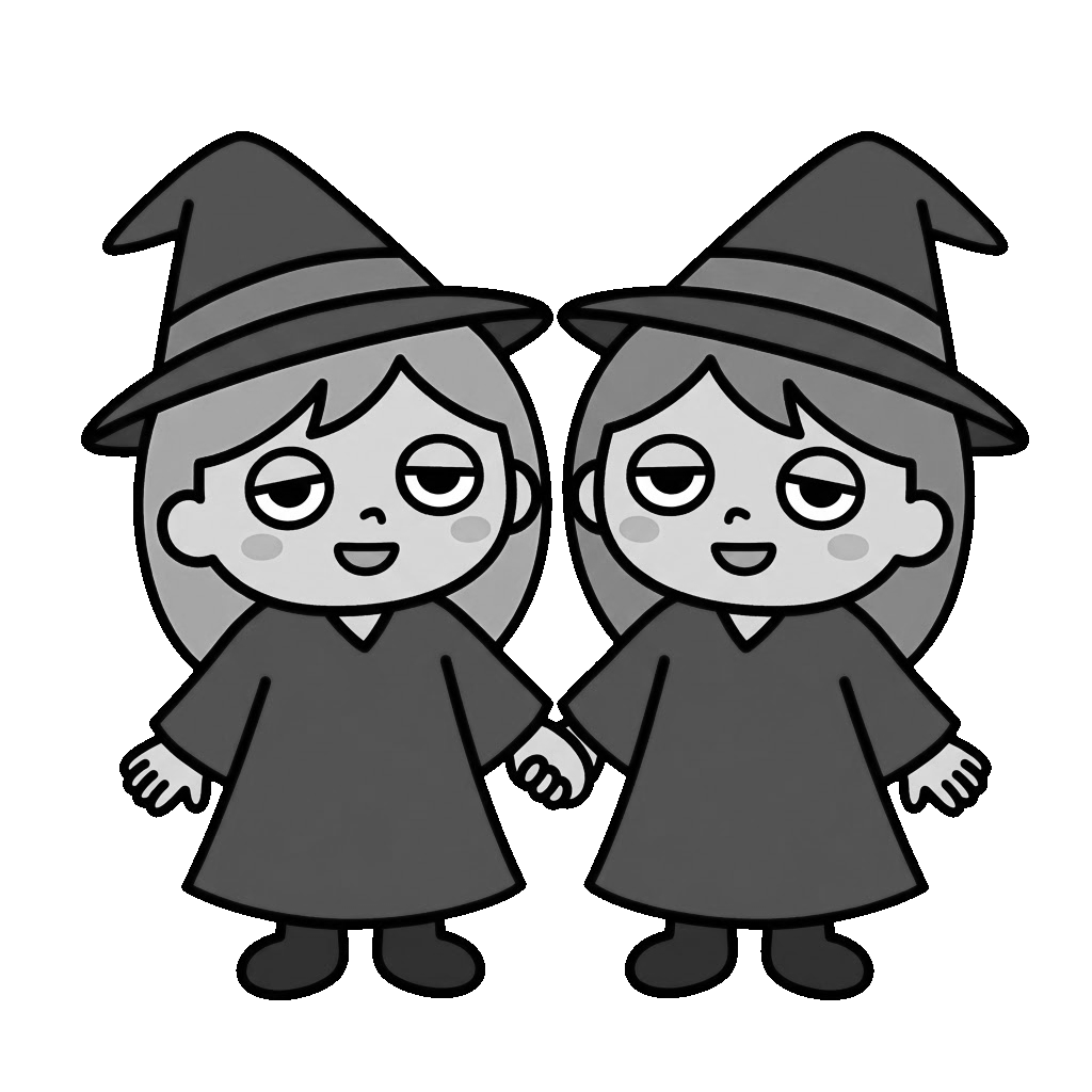 魔女が手をつないでいるところのかわいいイラスト(モノクロ)