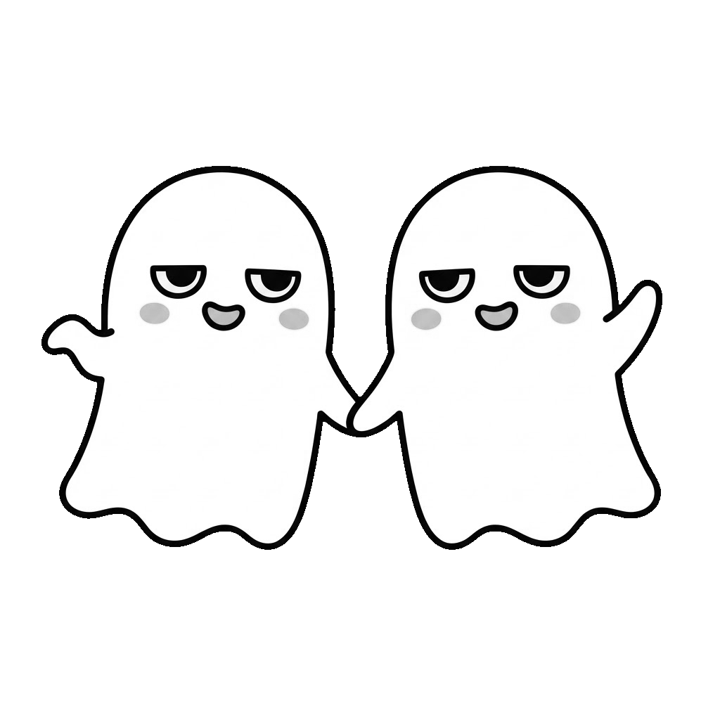 おばけが手をつないでいるところのかわいいイラスト(モノクロ)