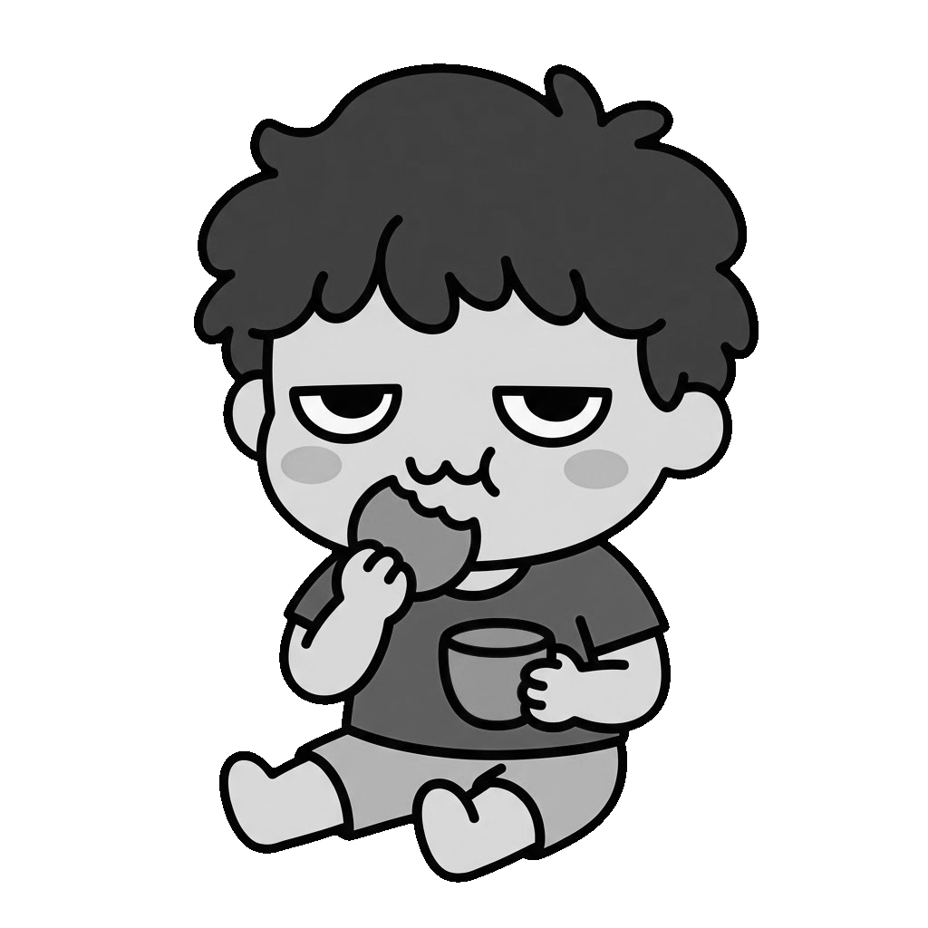 園児がおやつを食べているところのかわいいイラスト（モノクロ）