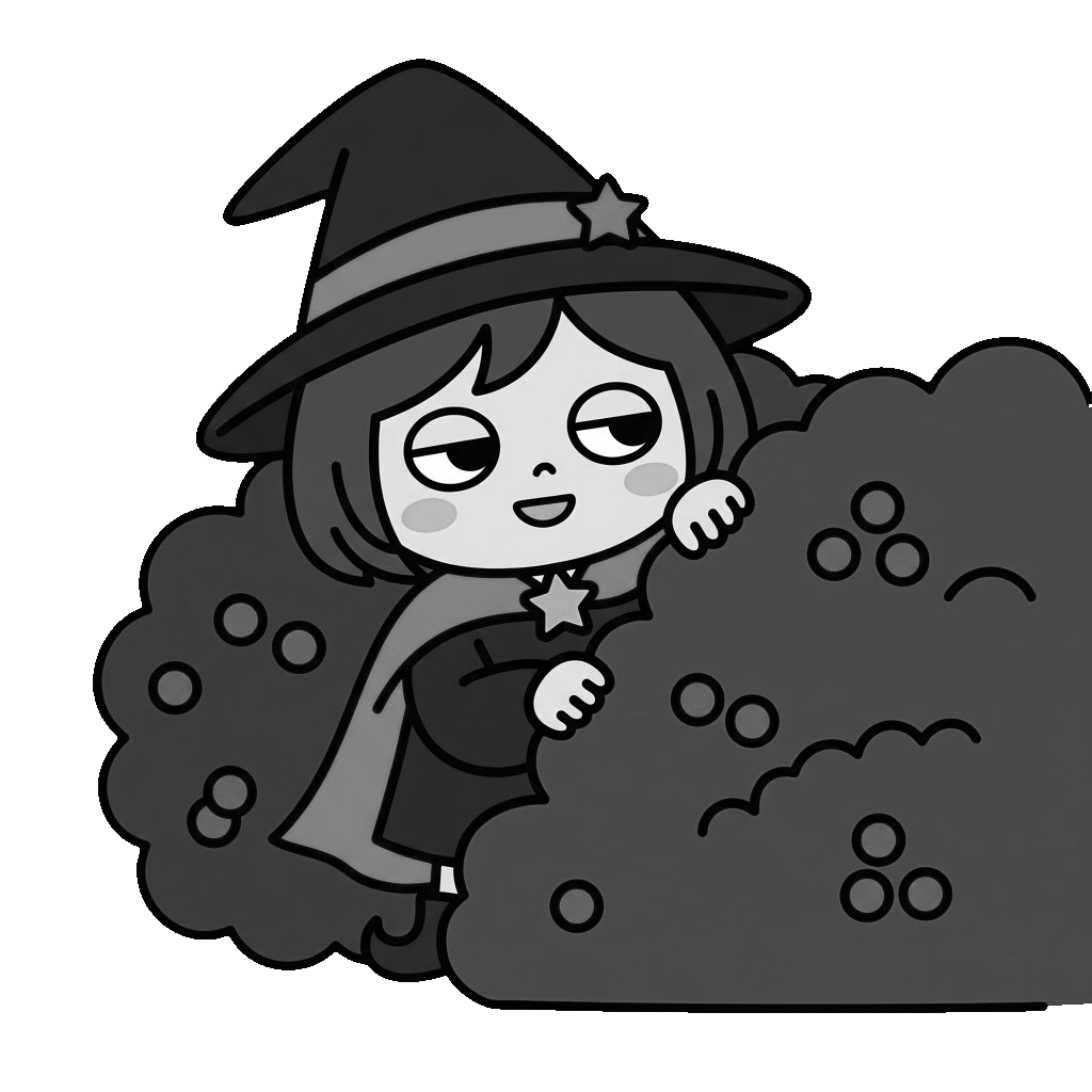 魔女がかくれんぼしているところのかわいいイラスト（モノクロ）