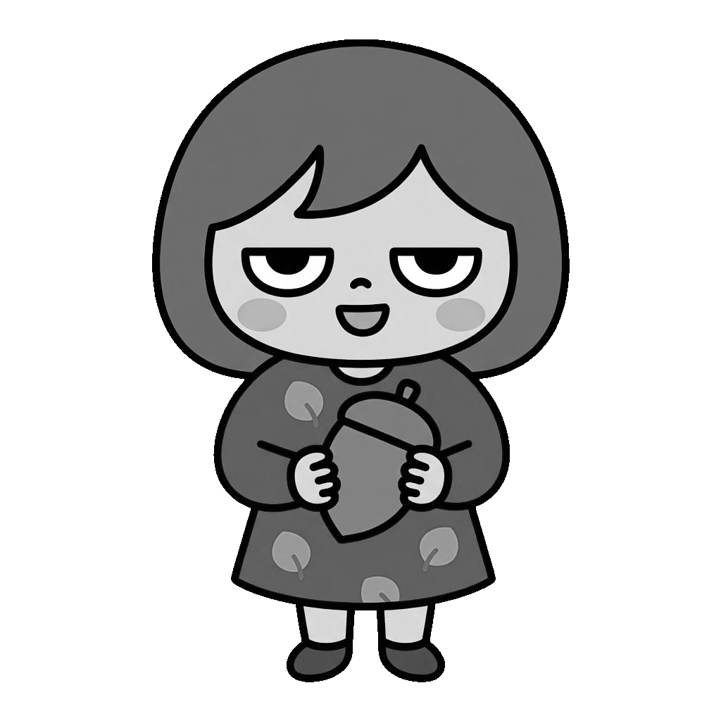 どんぐりを持った女の子(秋)のイラスト(モノクロ)