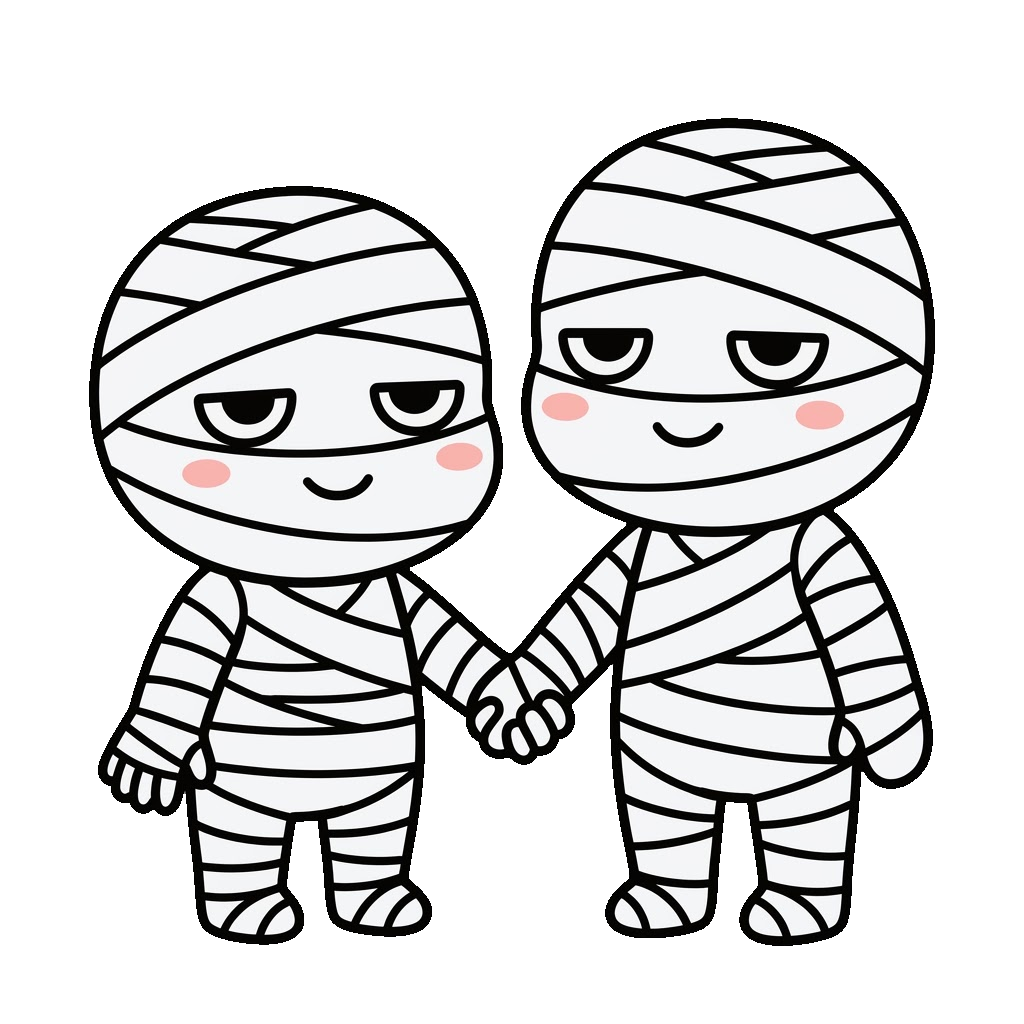 ミイラが手をつないでいるイラストのイラスト（カラー）