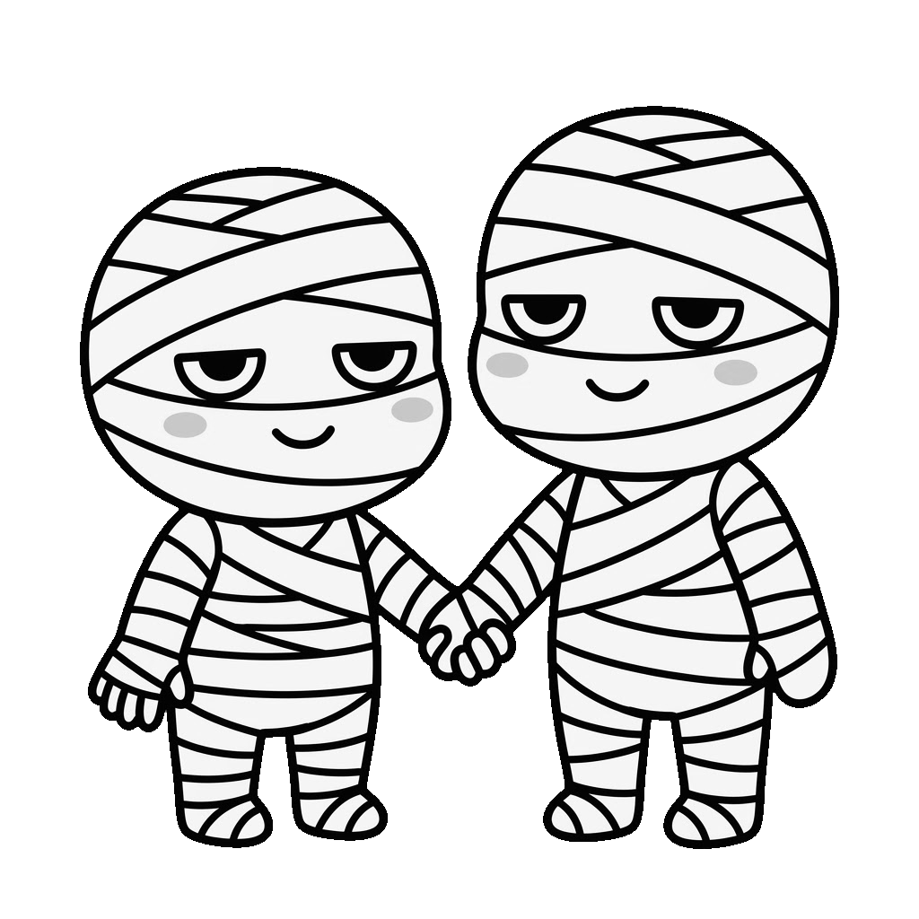 ミイラが手をつないでいるところのかわいいイラスト（モノクロ）