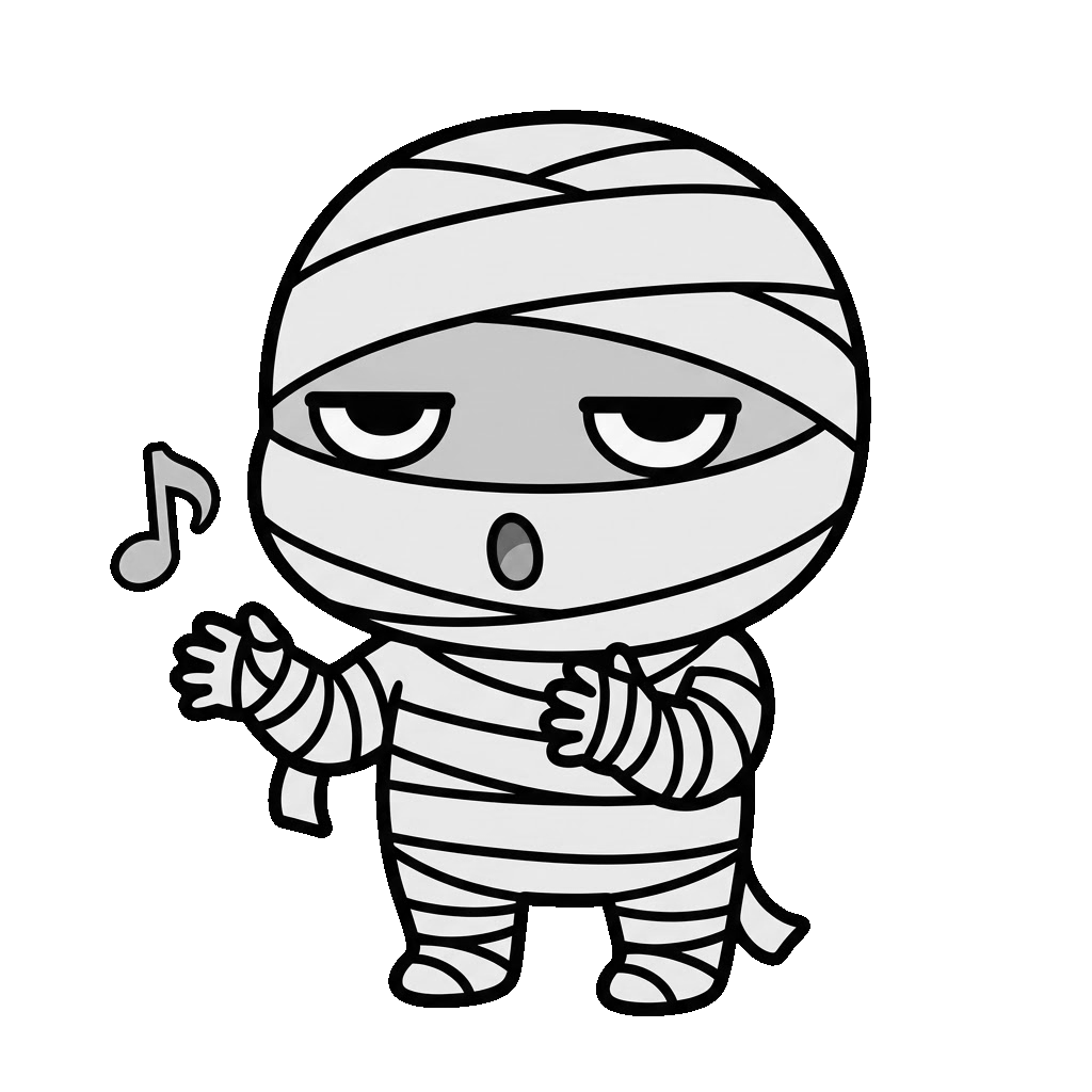 ミイラがうたっているところのかわいいイラスト(モノクロ)
