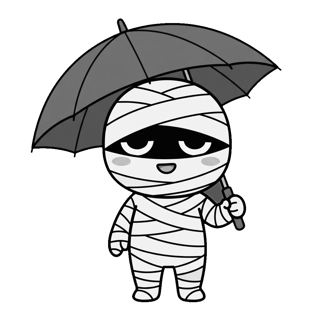 ミイラが傘をさしているところのかわいいイラスト（モノクロ）