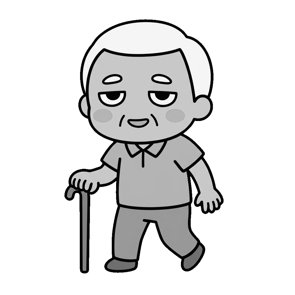 お年寄りがリハビリをしているところのかわいいイラスト（モノクロ）