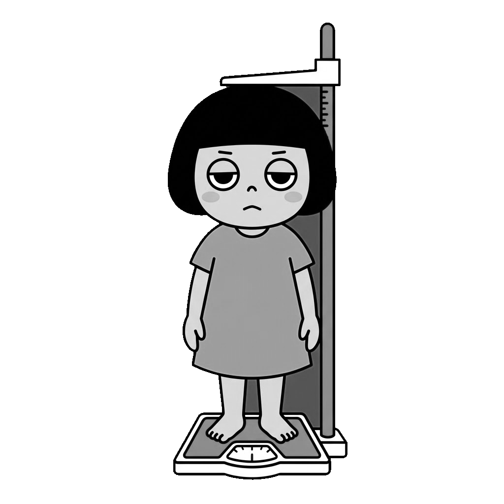 園児が身体測定をうけているところのかわいいイラスト（モノクロ）