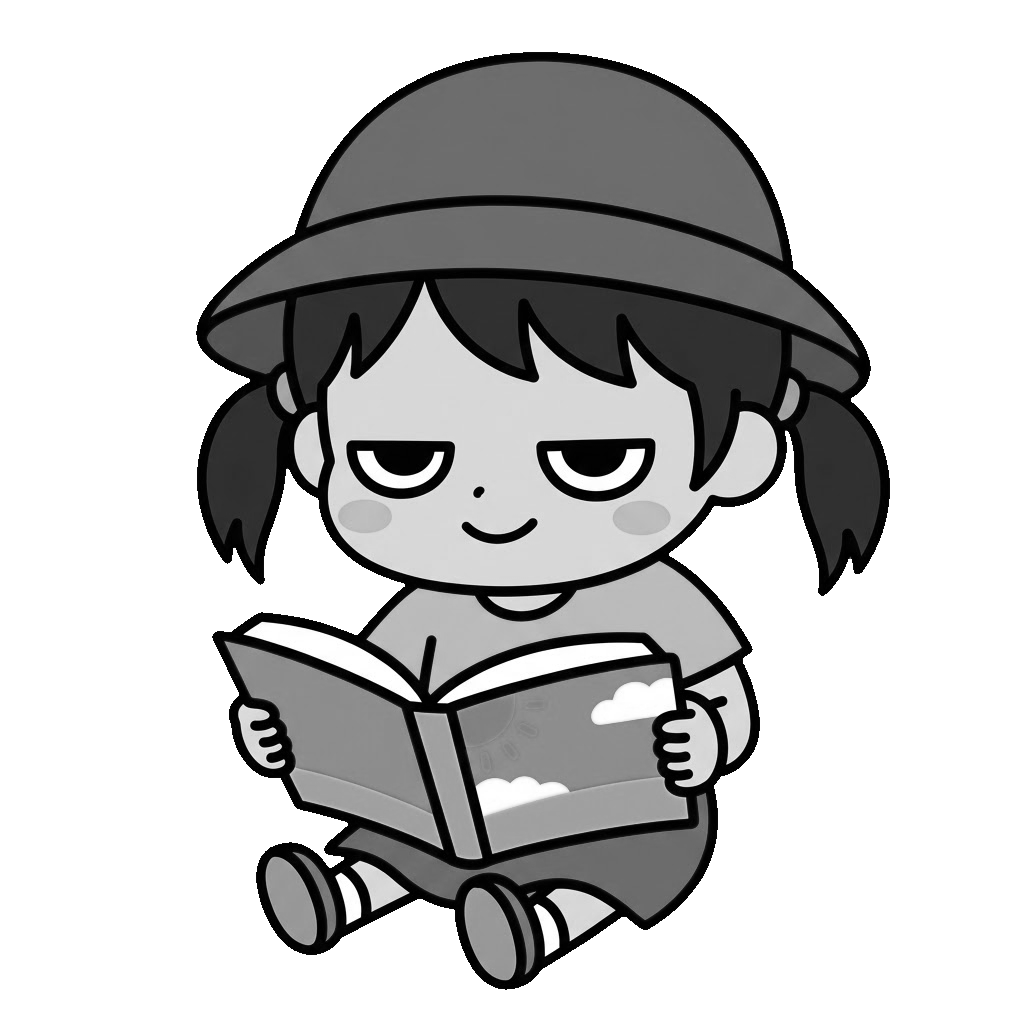 園児が絵本を読んでもらっているところのかわいいイラスト(モノクロ)