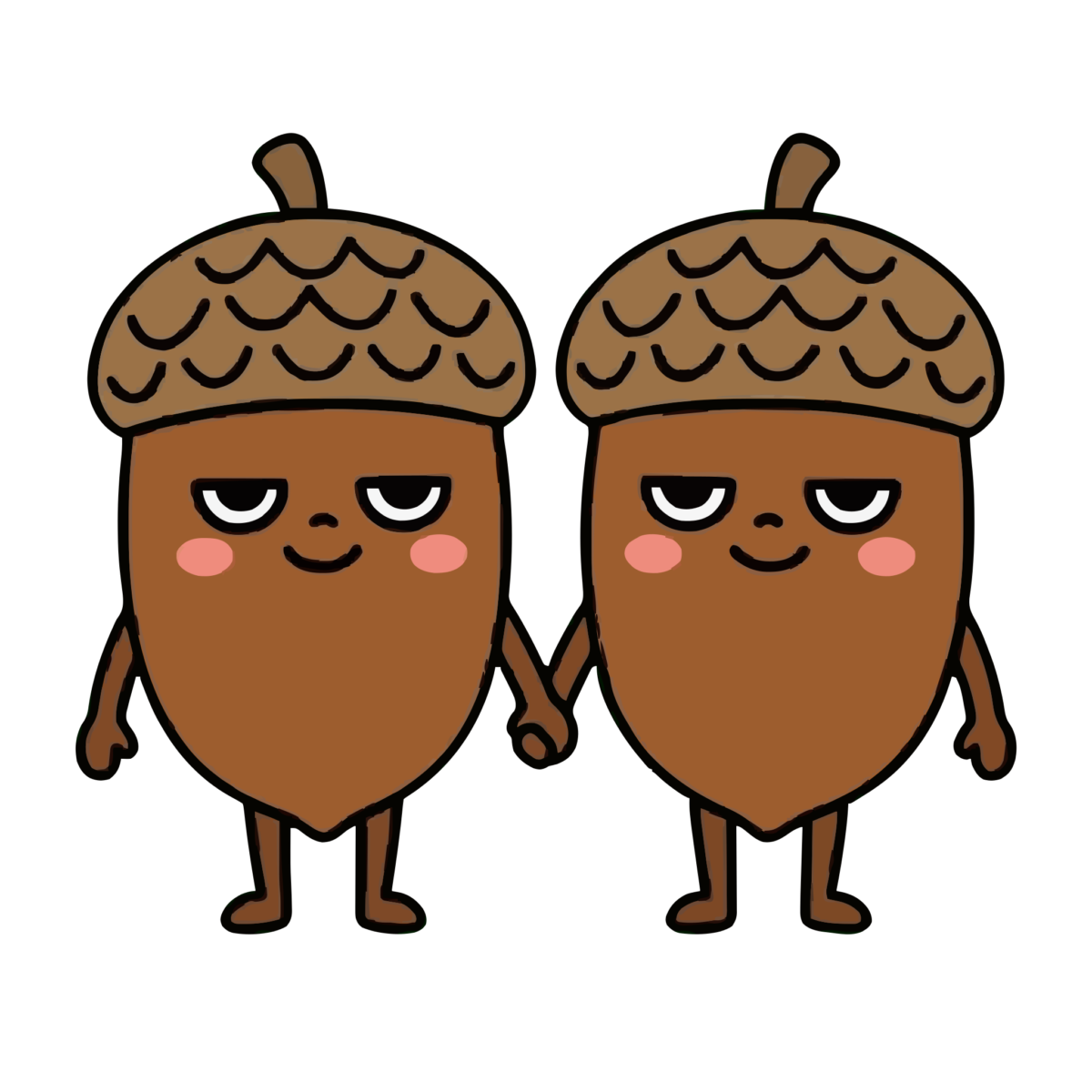どんぐりの子が手をつないでいるところのかわいいイラスト(カラー)