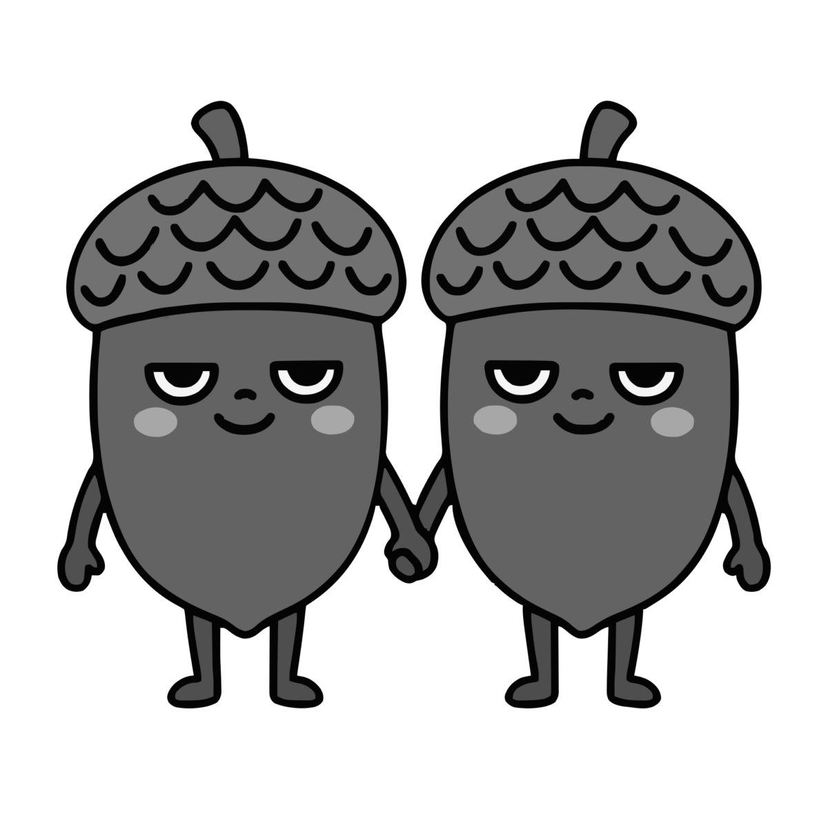 どんぐりの子が手をつないでいるところのかわいいイラスト(モノクロ)