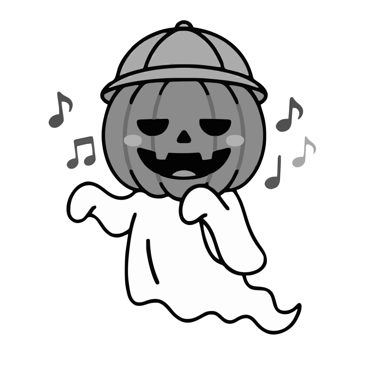 かぼちゃのおばけがうたっているところのかわいいイラスト(モノクロ)