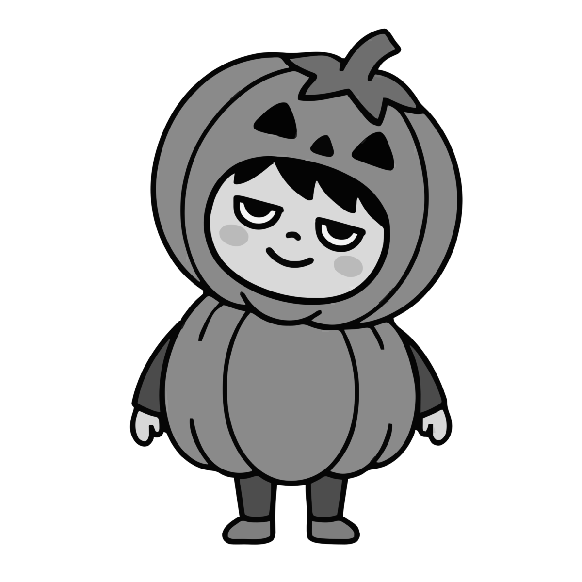 かぼちゃのおばけが首をかしげているところのかわいいイラスト(モノクロ)