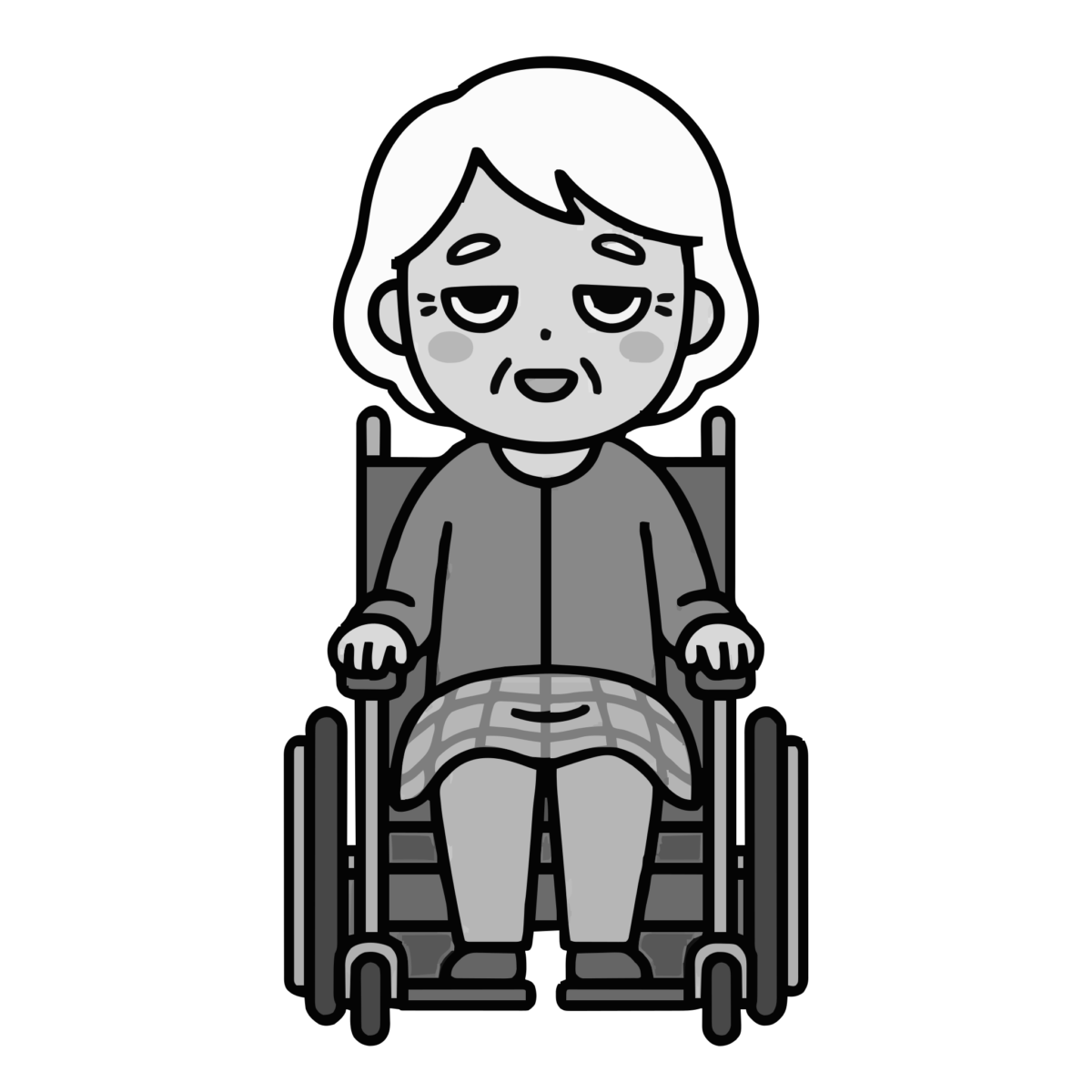 車いすのお年寄りがひざかけをかけているところのかわいいイラスト（モノクロ）