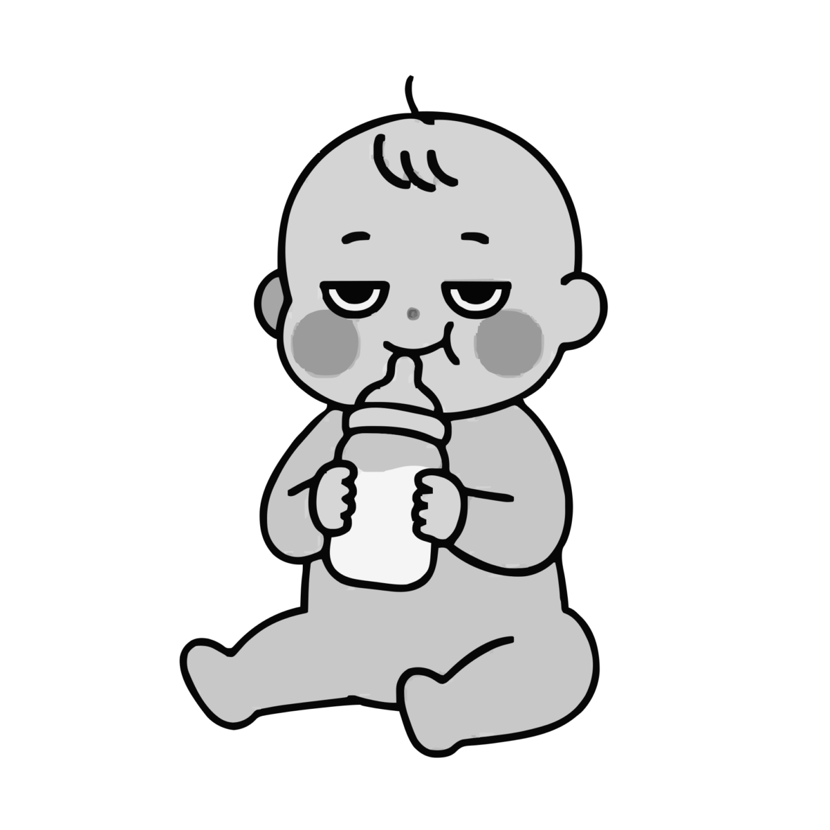 赤ちゃんがミルクを飲んでいるところのかわいいイラスト（モノクロ）