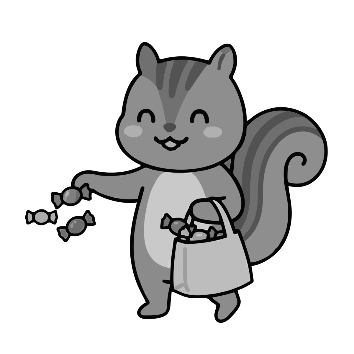 りすがお菓子をくばっているところのかわいいイラスト（モノクロ）