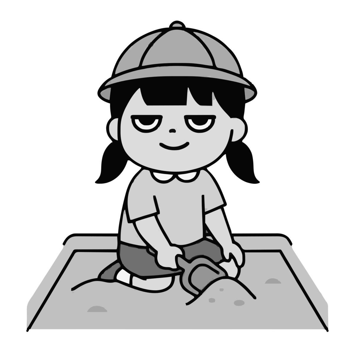 園児がすなばであそんでいるところのかわいいイラスト(モノクロ)