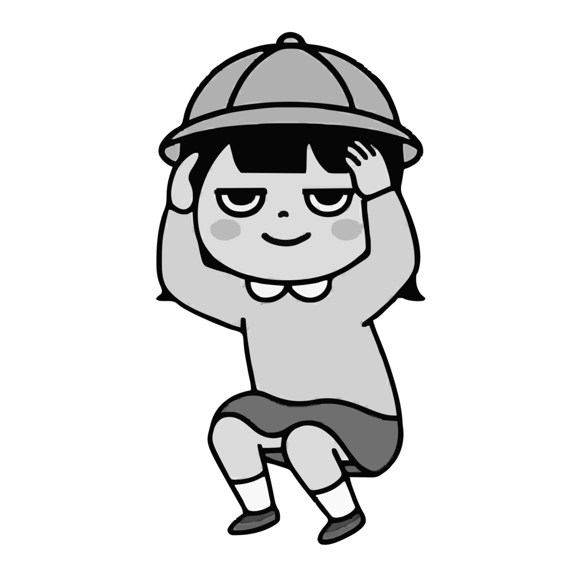 園児が避難訓練をしているところのかわいいイラスト(モノクロ)