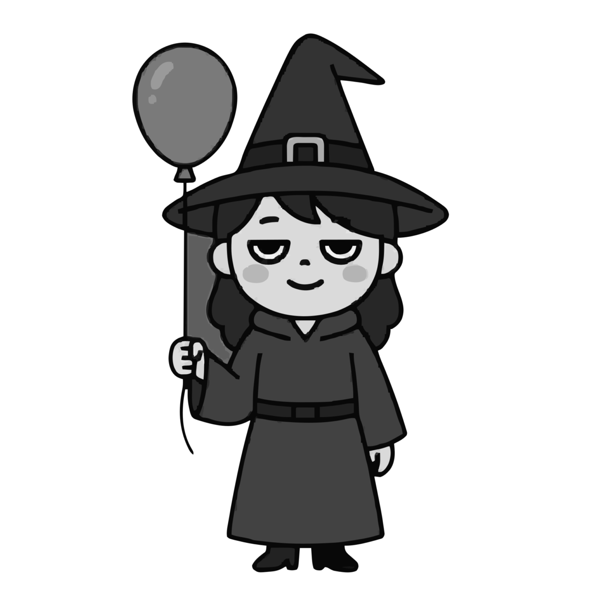 魔女が風船を持っているところのかわいいイラスト(モノクロ)