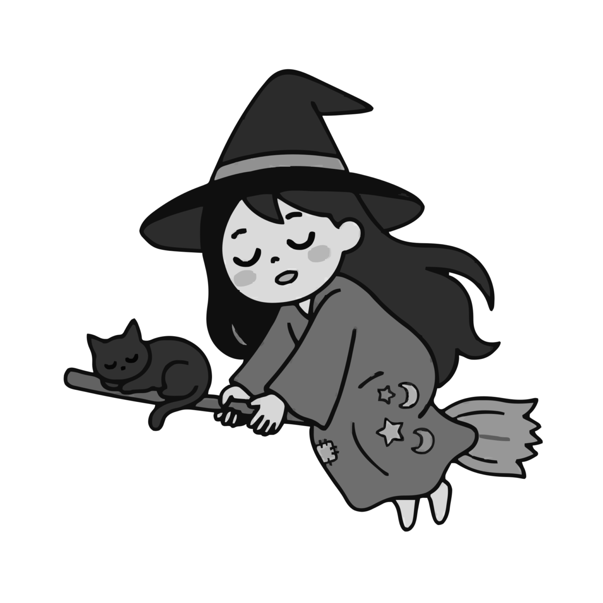 魔女がねむっているところのかわいいイラスト(モノクロ)