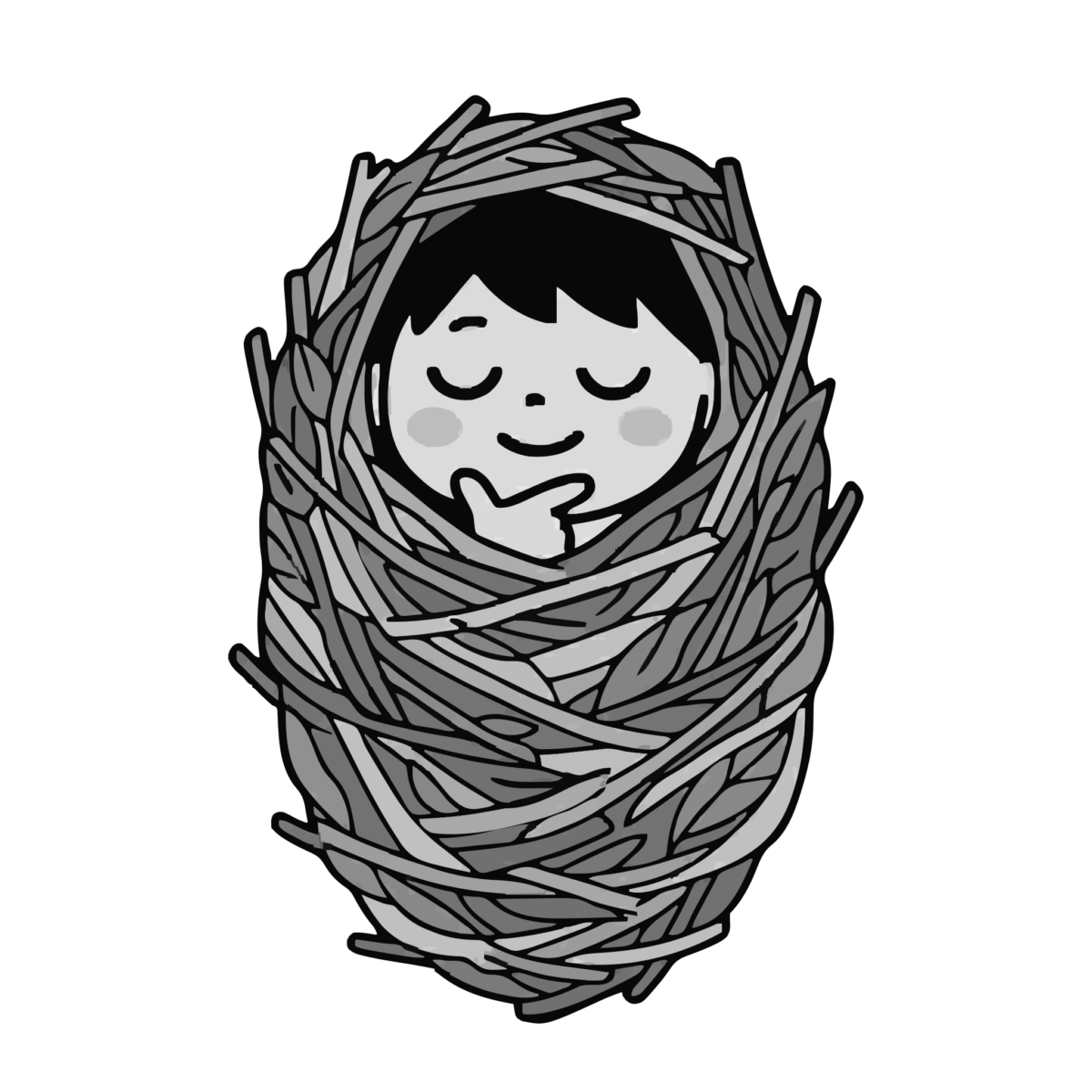 みのむしが考えこんでいるところのかわいいイラスト(モノクロ)