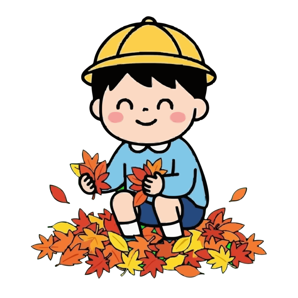 落ち葉あそびをする子どものイラスト（秋）（カラー）