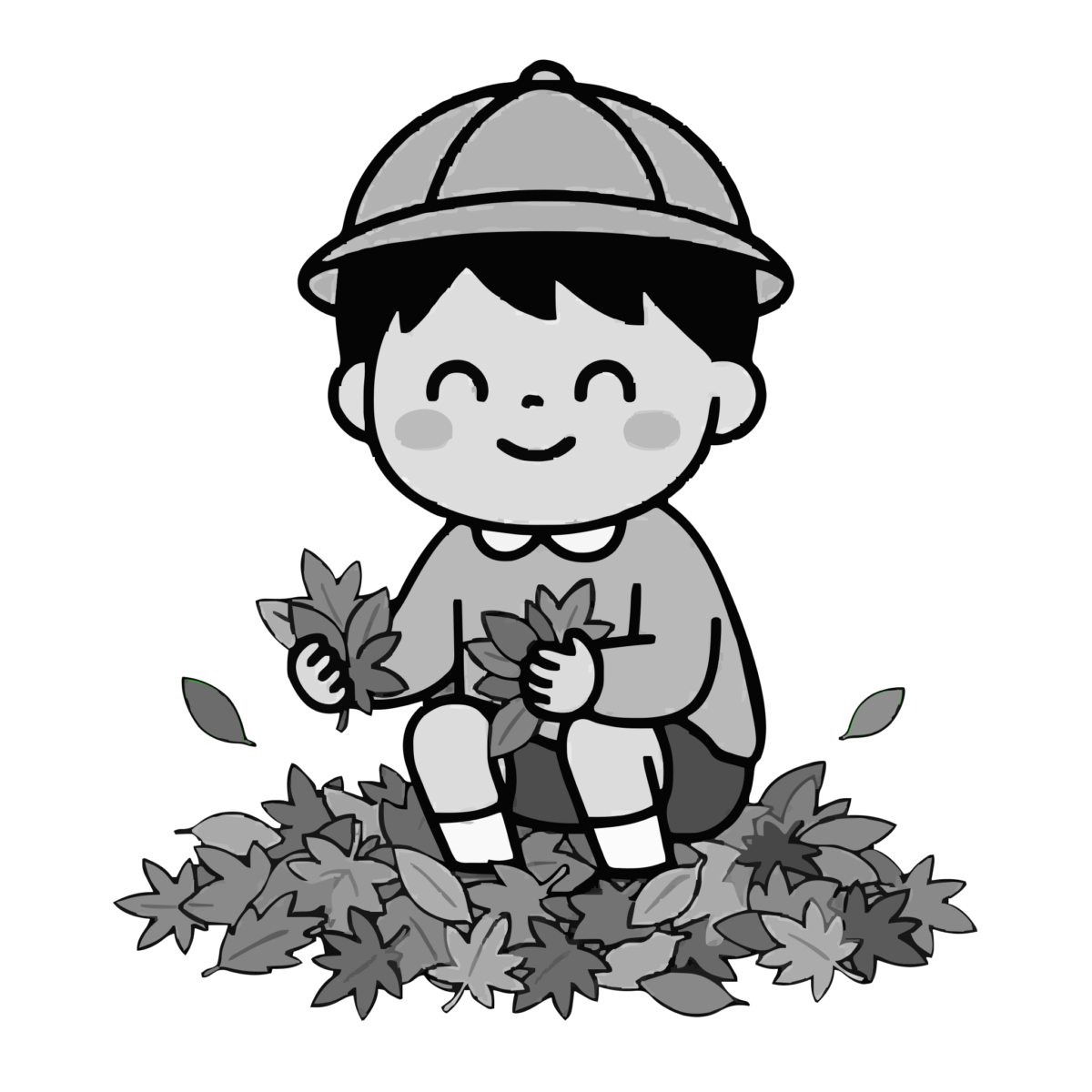 落ち葉あそびのかわいいイラスト（モノクロ）
