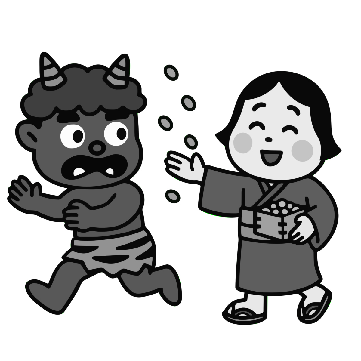 豆まきをする福の神（お多福）と逃げる赤鬼のイラスト無料ダウンロード（モノクロ）