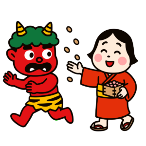 豆まきをする福の神（お多福）と逃げる赤鬼
