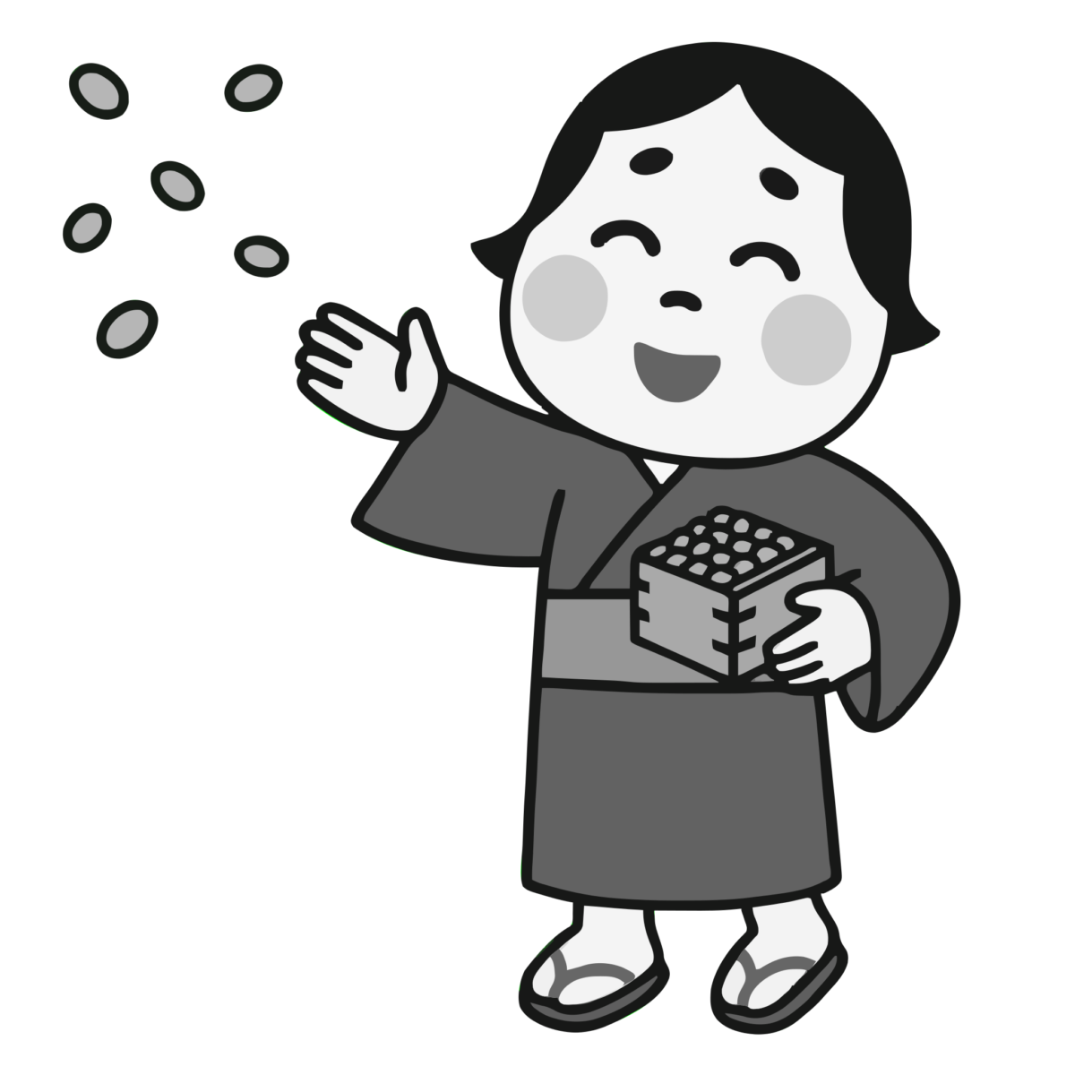 豆まきをする福の神（お多福）のイラスト無料ダウンロード（モノクロ）