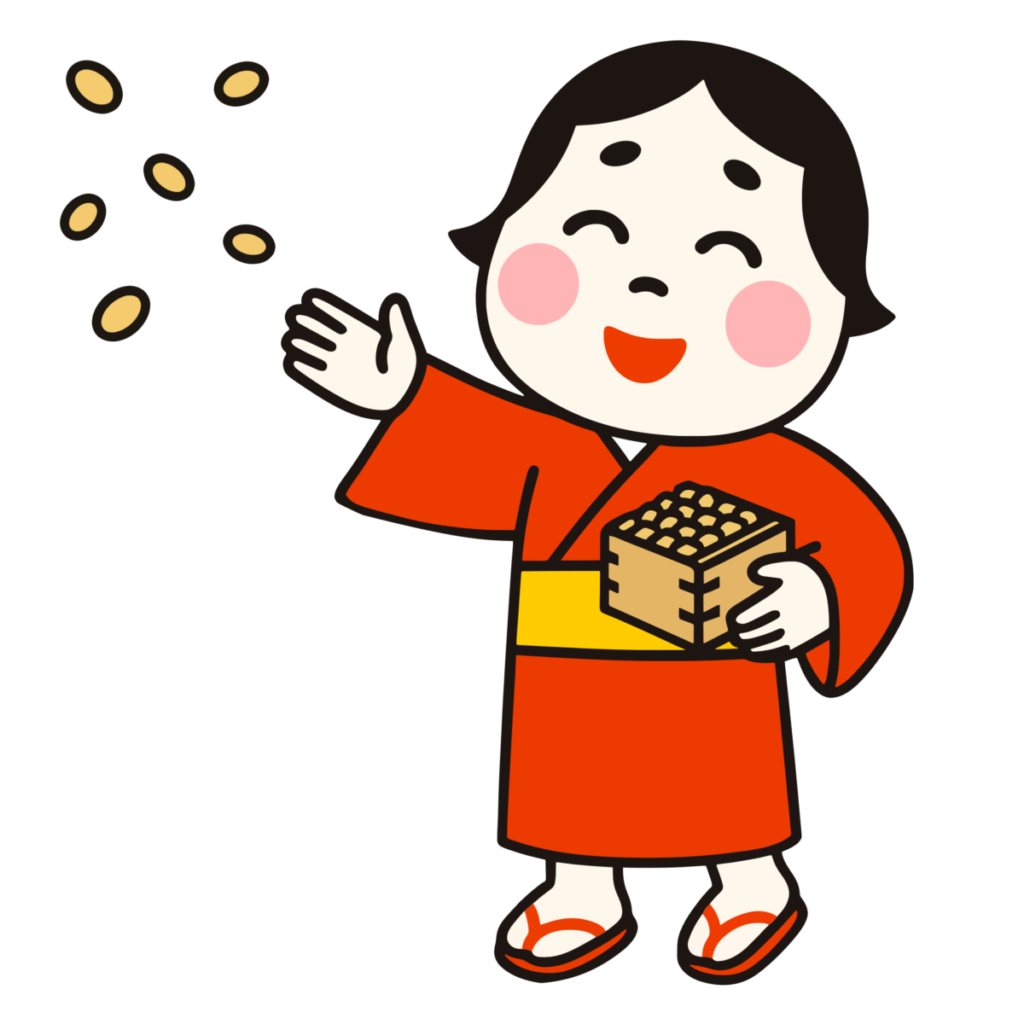 豆まきをする福の神（お多福）のイラスト無料ダウンロード（カラー）