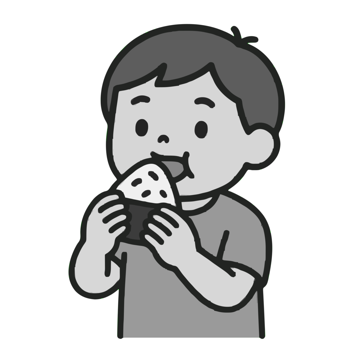 おにぎりを食べる子供のイラスト無料ダウンロード（モノクロ）