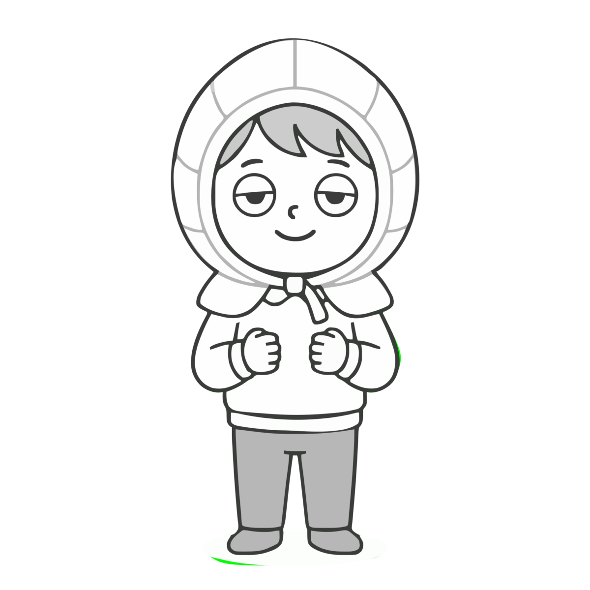 防災頭巾をかぶった女の子のイラスト(モノクロ)