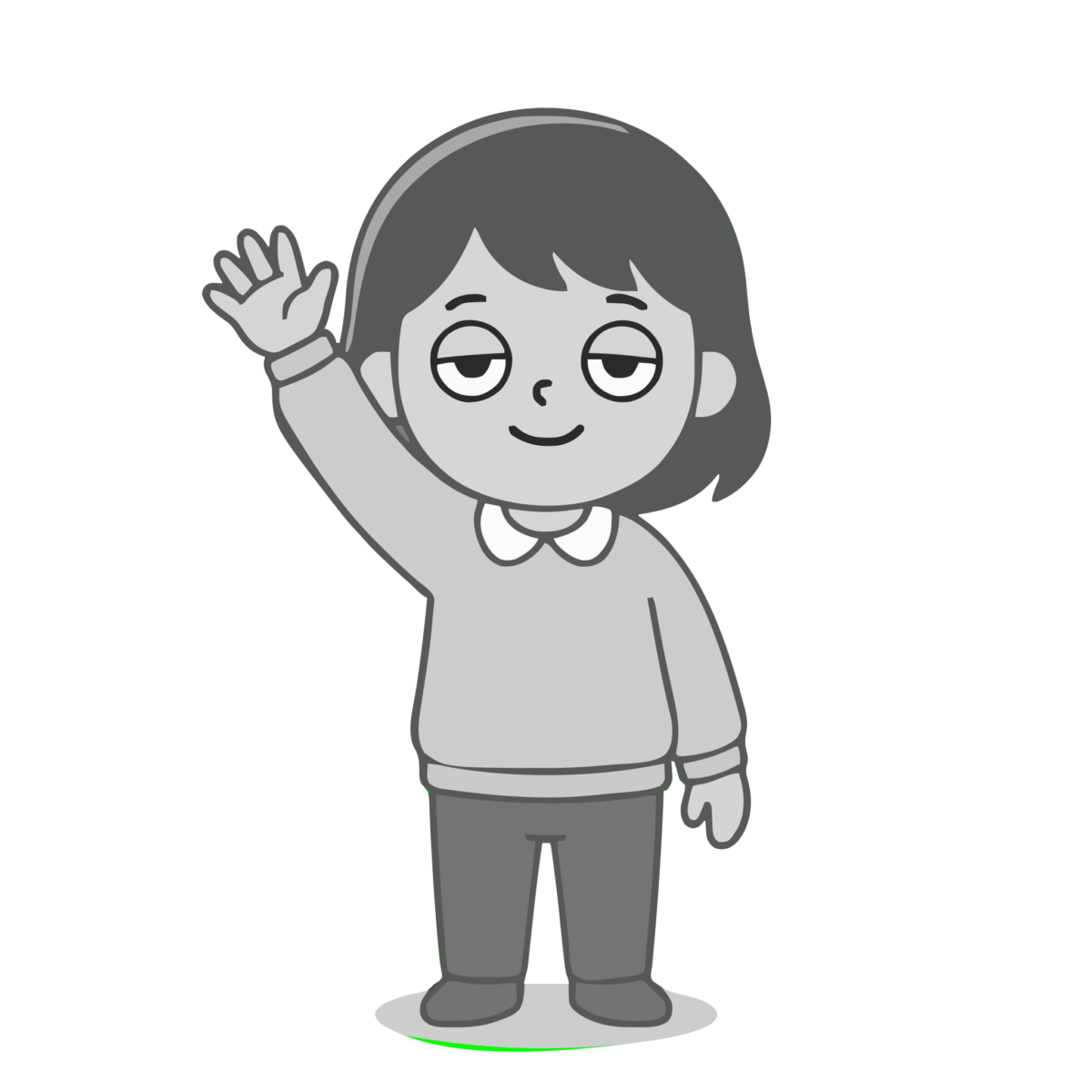 手を挙げる元気な女の子のかわいいイラスト（モノクロ）