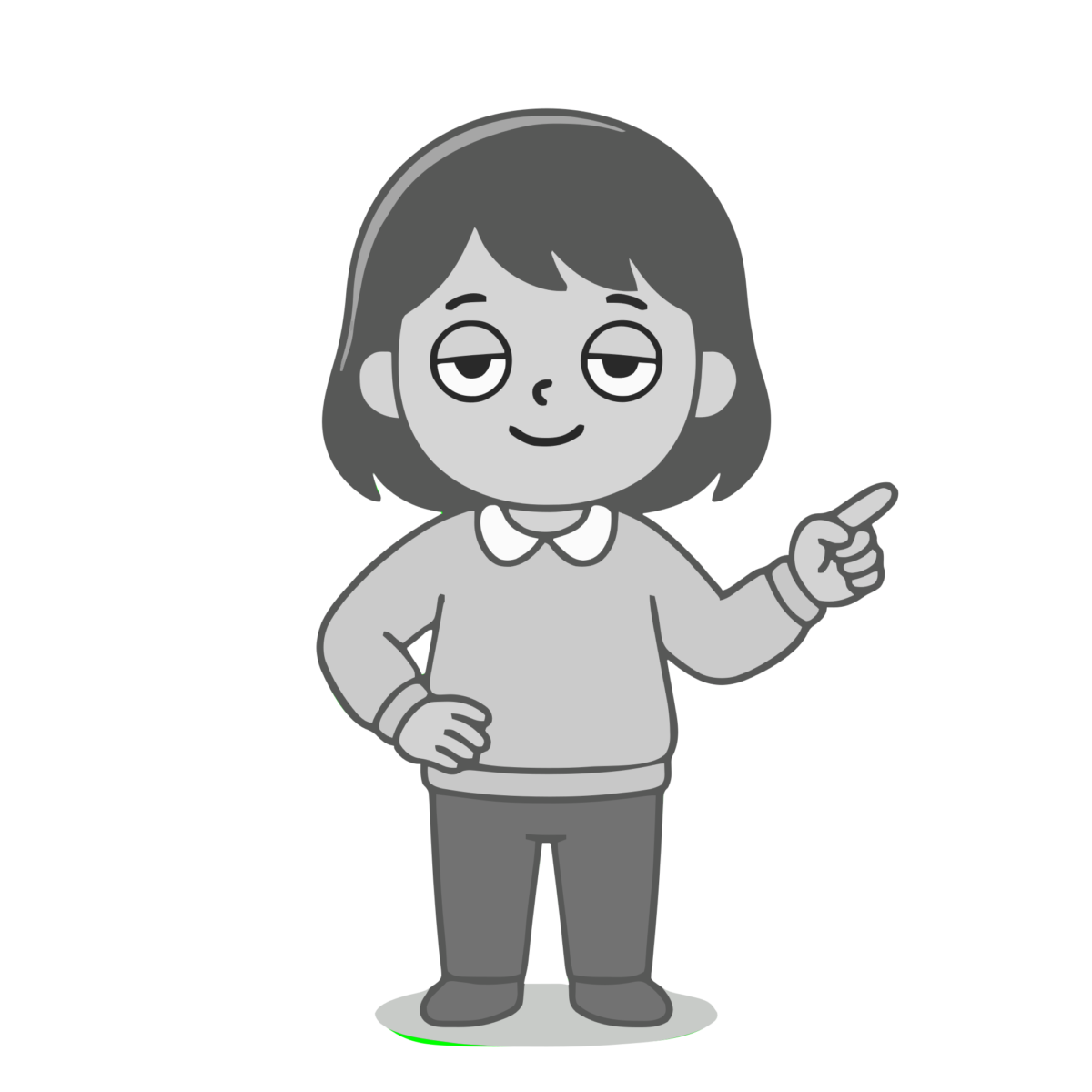 指差しをする女の子のかわいいイラスト（モノクロ）