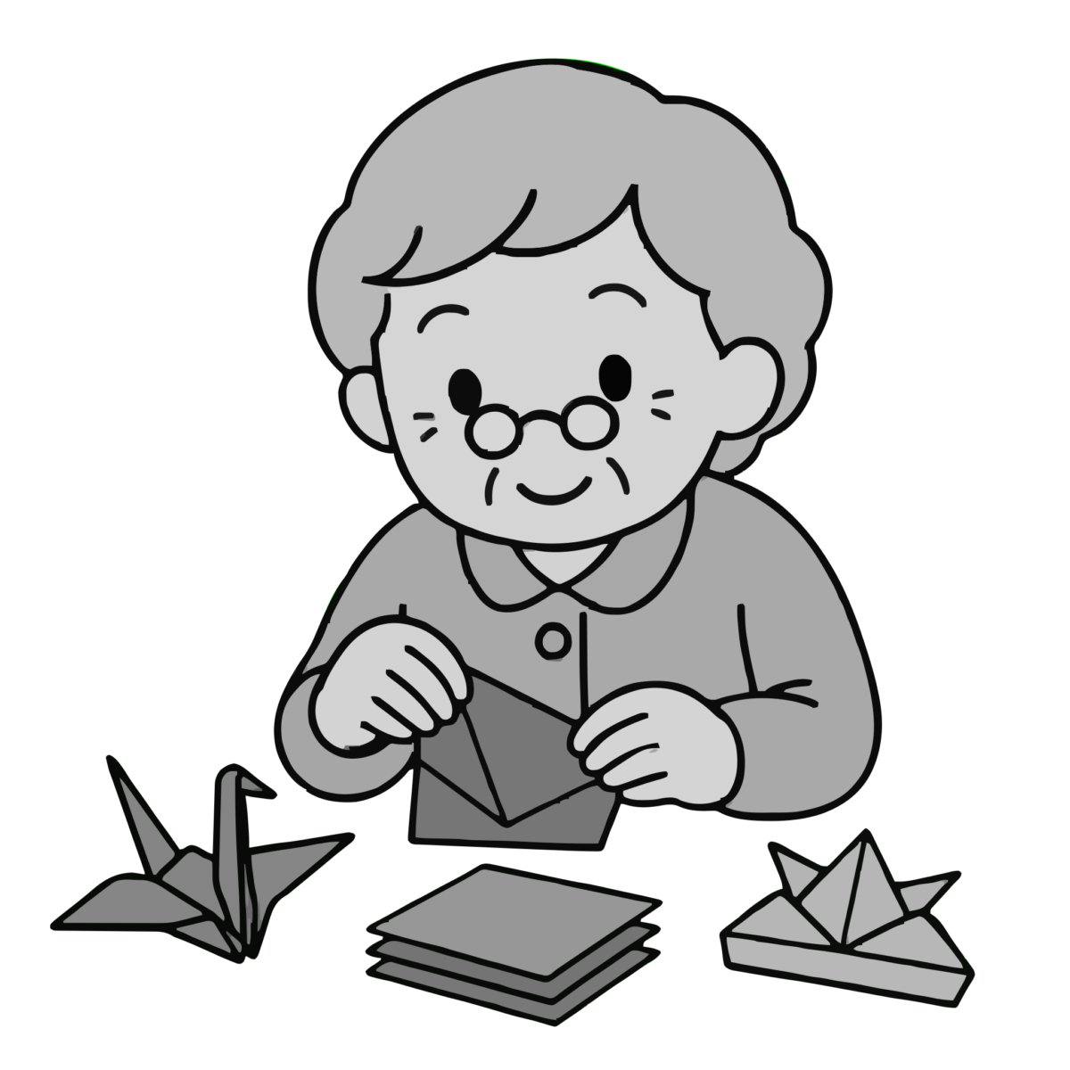 折り紙をするお年寄りのかわいいイラスト（モノクロ）