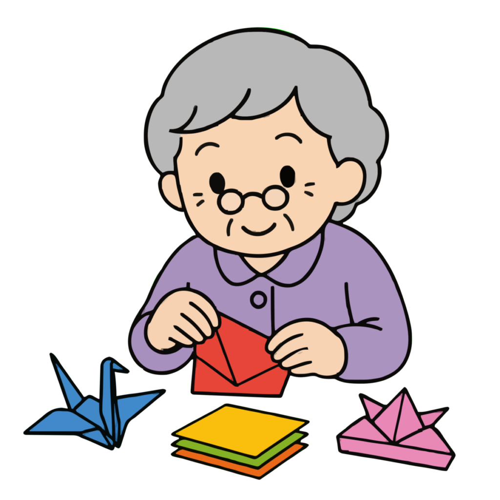 折り紙をするお年寄りのかわいいイラスト（カラー）