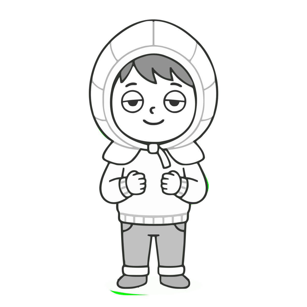 防災頭巾をかぶった男の子のイラスト（モノクロ）
