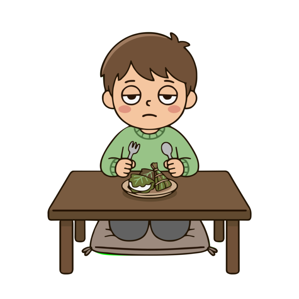 柏餅を前に困る男の子のイラスト（カラー）