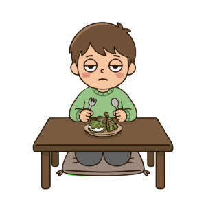 柏餅を前に困る男の子のイラスト（カラー）