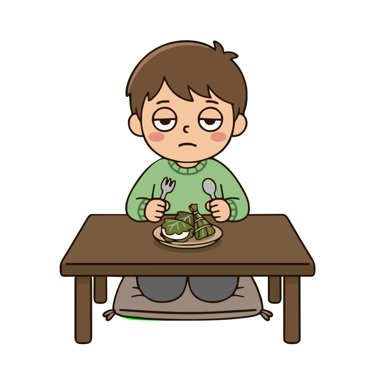 柏餅を前に困る男の子のイラスト（カラー）