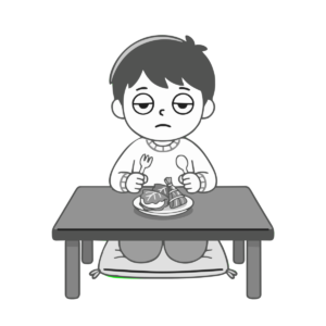 柏餅を前に困る男の子のイラスト（モノクロ）