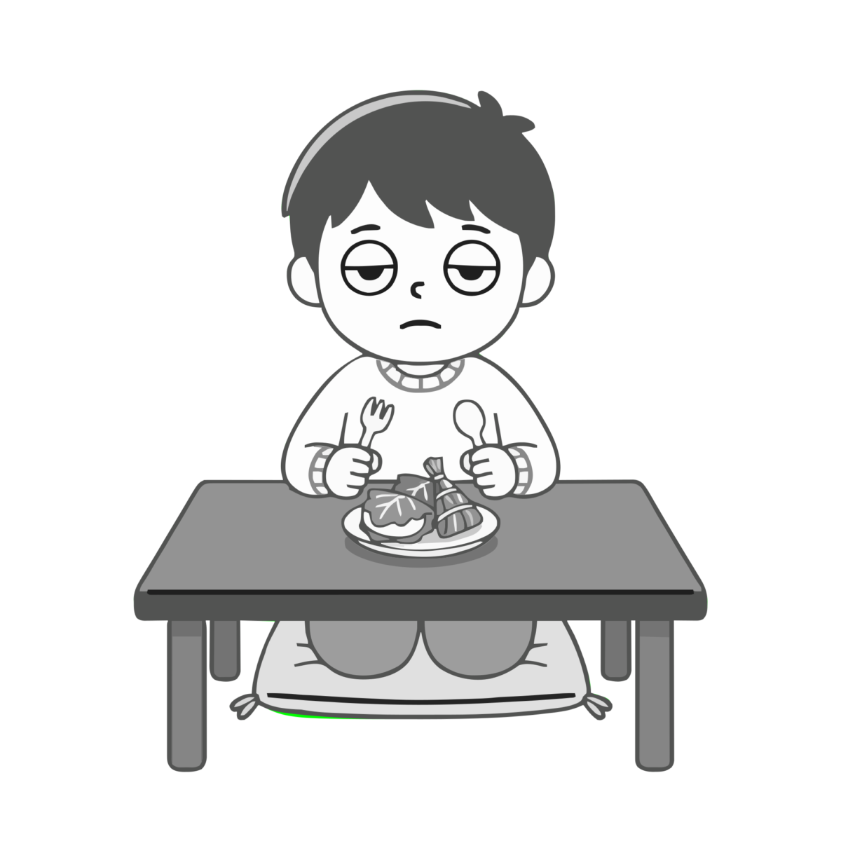 柏餅を前に困る男の子のイラスト（モノクロ）