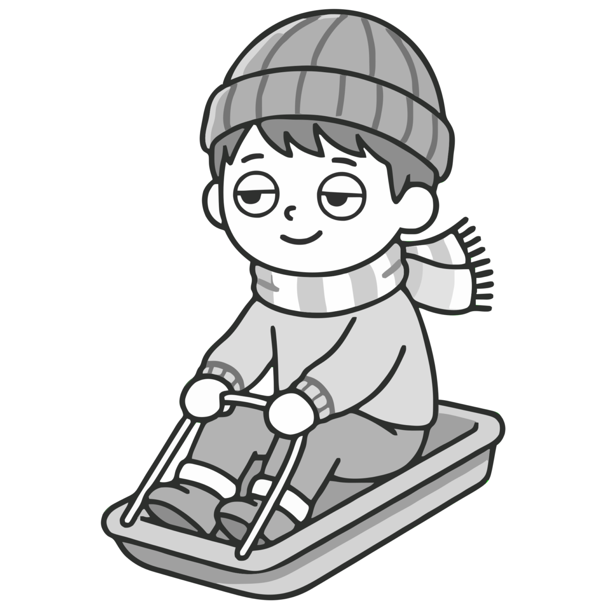 そり遊びをする男の子のイラスト（モノクロ）