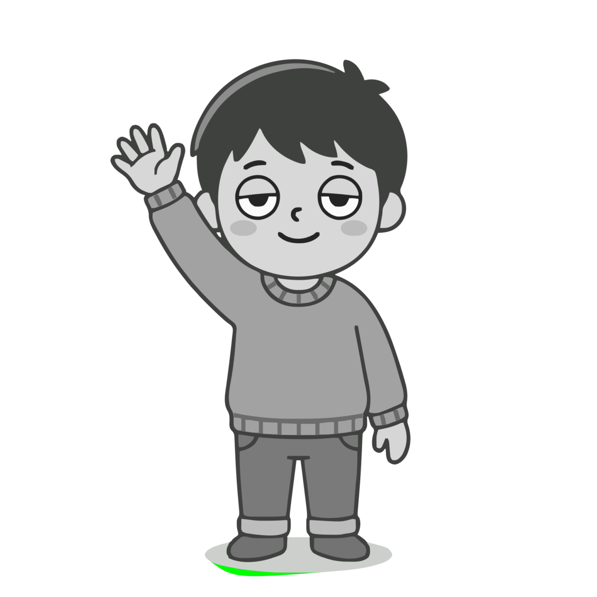 手を挙げる元気な男の子のかわいいイラスト(モノクロ)