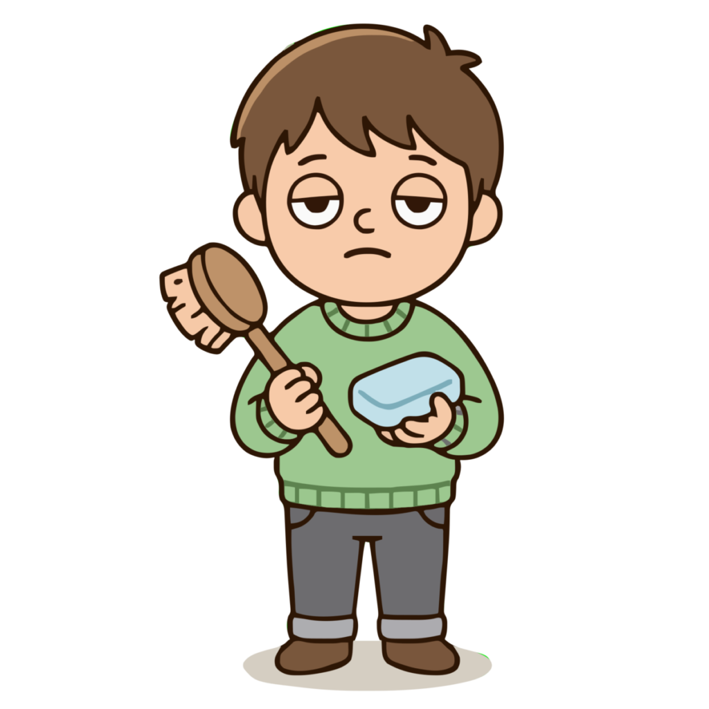 手洗い・ブラシと石鹸を持つ男の子のイラスト（カラー）