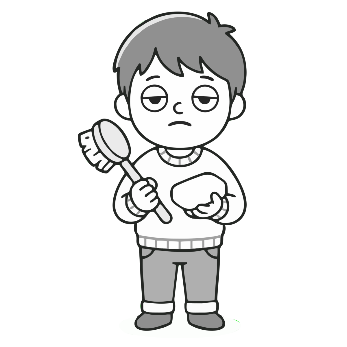 手洗い・ブラシと石鹸を持つ男の子のイラスト(モノクロ)
