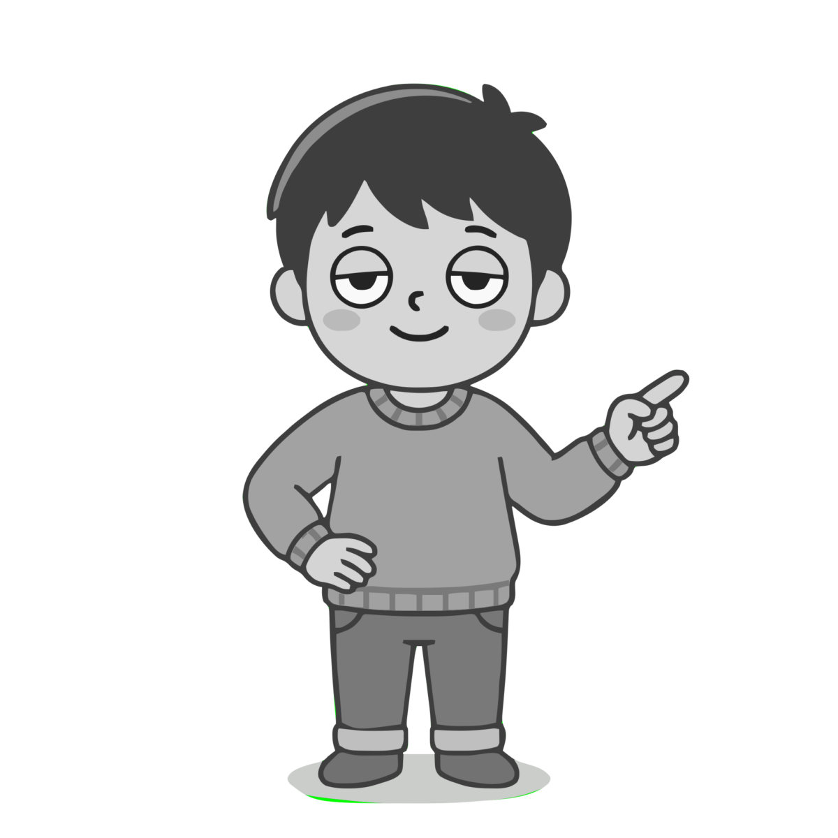 指差しをする男の子のかわいいイラスト（モノクロ）