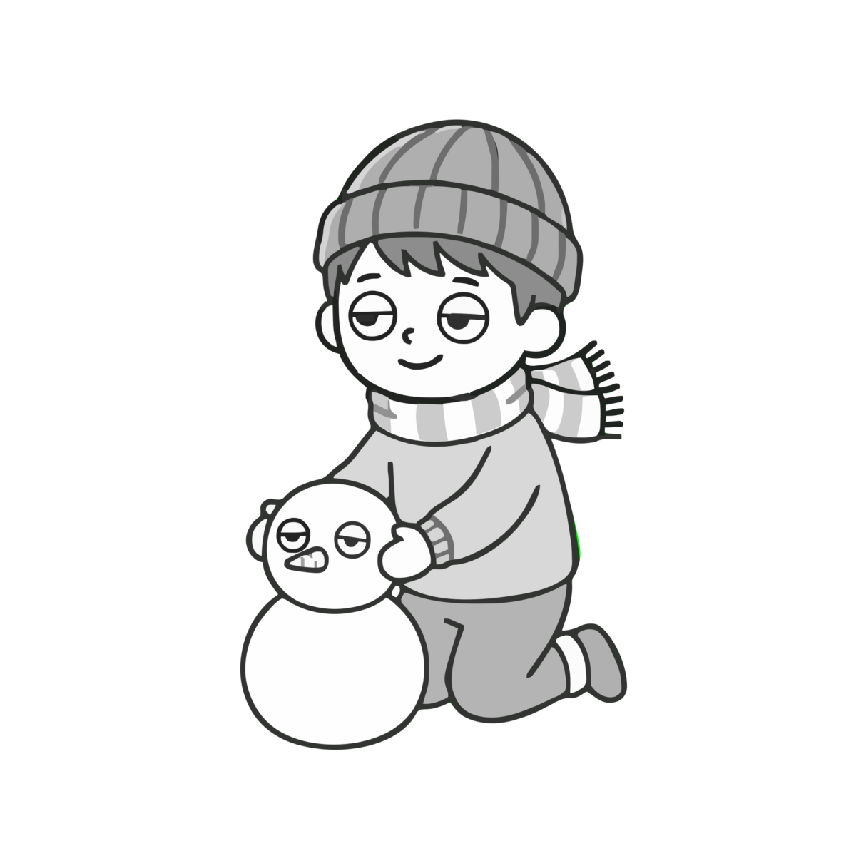 雪だるまを作る男の子のイラスト（モノクロ）