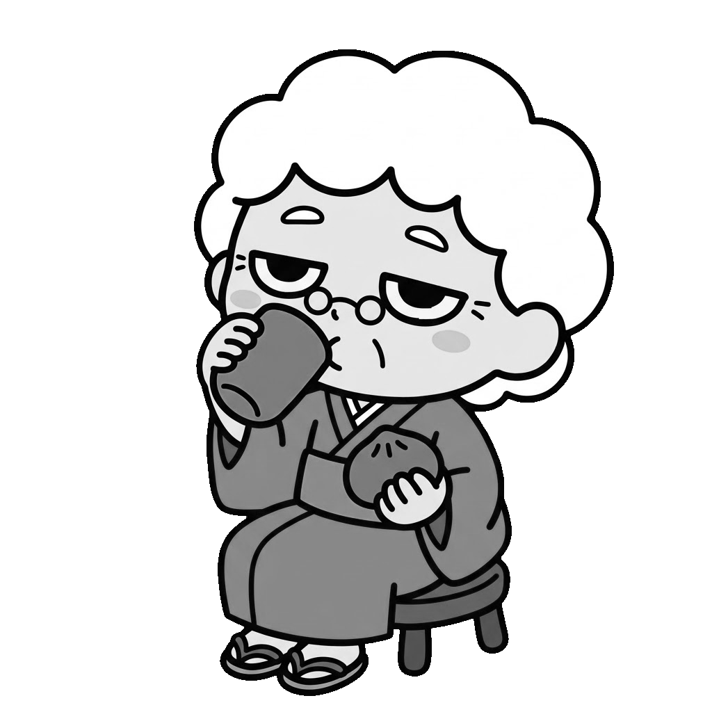 おやつを楽しむお年寄りのかわいいイラスト(モノクロ)