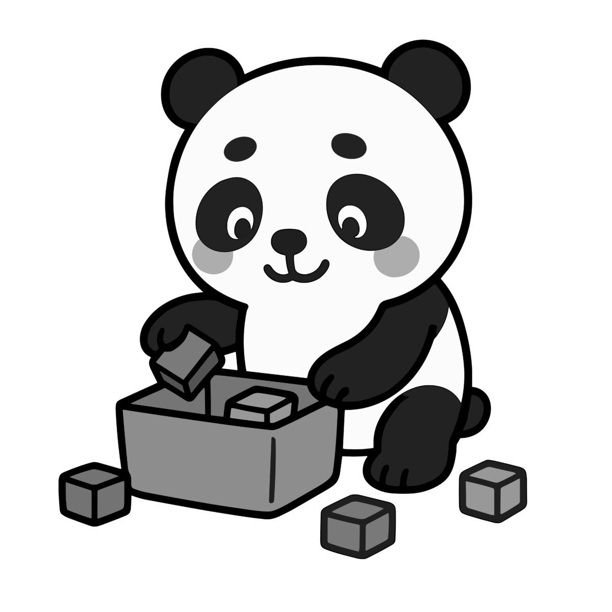 お片付けするパンダのイラスト無料ダウンロード（モノクロ）